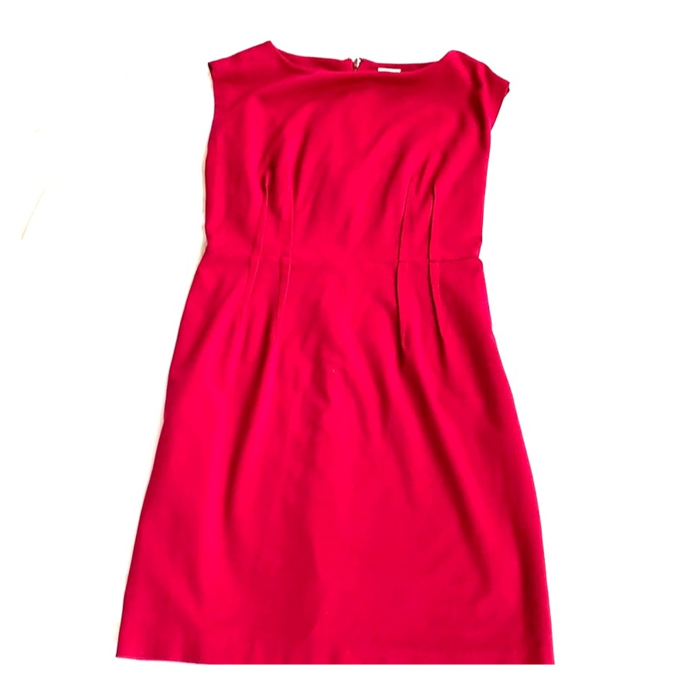 Deep red sheath dress.